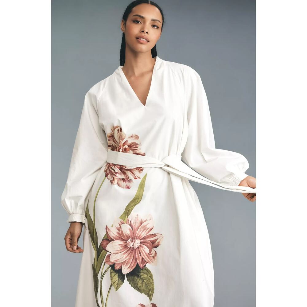 nwt by ANTHROPOLOGIE sz XL Belted V-Neck Floral Midi dress in white - Picture 2 of 5